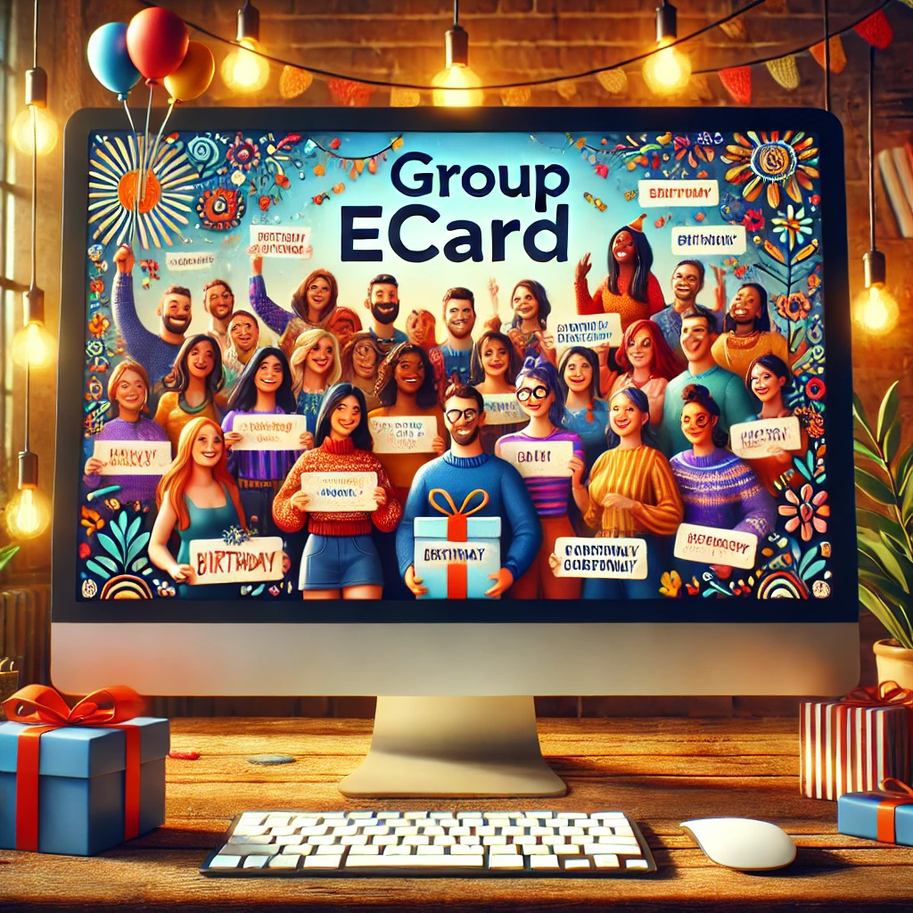 A vibrant scene depicting a digital group eCard displayed on a computer screen. The card is colorful, featuring festive patterns and multiple handwritten messages from various contributors