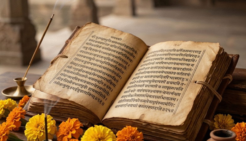 Open ancient Sanskrit manuscript with Devanagari script representing yoga philosophy texts studied in traditional ashrams.