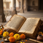 Open ancient Sanskrit manuscript with Devanagari script representing yoga philosophy texts studied in traditional ashrams.