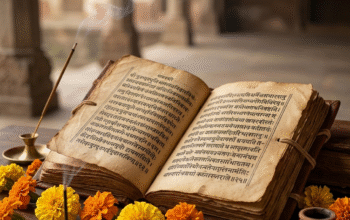 Open ancient Sanskrit manuscript with Devanagari script representing yoga philosophy texts studied in traditional ashrams.