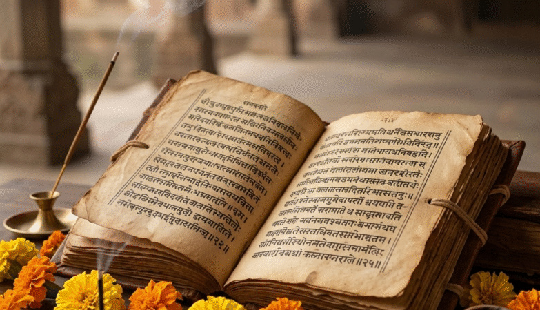 Open ancient Sanskrit manuscript with Devanagari script representing yoga philosophy texts studied in traditional ashrams.